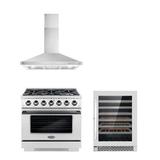 Cosmo 3 Piece Kitchen Appliance Package w/ 36" Gas Freestanding Range, Wall Mount Range Hood, & Wine Refrigerator in Black/Gray | Wayfair