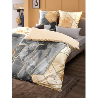 Wendebettwäsche BIERBAUM Gr. 1, beige (ecru, anthrazit, bedruckt), B/L: 135cm x 200cm, 2-teilige Garnitur St., 2-teilige Garnitur St., Mako-Satin, B/L: 80cm x 80cm, Mako-Satin, 100% Baumwolle, Bettwäsche Image