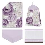 Sweet Jojo Designs Lavender Purple & Ivory Peony Floral Garden Coll 4 - Piece Crib Bedding Set Polyester in Gray | Wayfair Peony-PU-IV-Crib-4