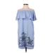 Aqua Casual Dress - Shift Off The Shoulder Short sleeves: Blue Print Dresses - Women's Size Small