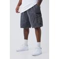 Mens Grey Plus Elastic Waist Relaxed Acid Wash Cargo Shorts, Grey