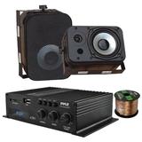 Pyle PFA220BT 2-Channel 120 Watt Bluetooth USB Mini Compact Class-T Power Amplifier System Combo Bundle with 2x 5.25 400 Watts Peak Power Indoor/Outdoor Black Waterproof Speakers 16 Ga Speaker Wire