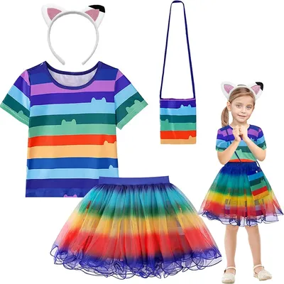 Gabby Puppenhaus Mädchen Regenbogen T-Shirt + Tutu Rock + Stirnband Set Halloween Karneval Cosplay Kostüm Kinder Geburtstag Kleidung 4-10 Jahre Image