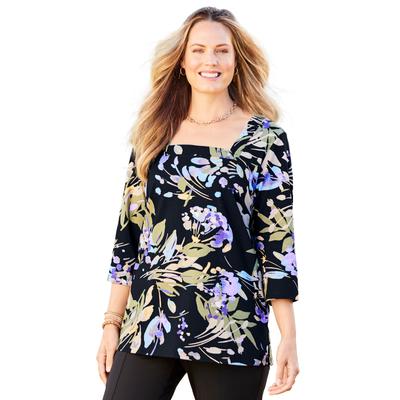 Plus Size Women's Ultra-Soft Square-Neck Tee by Catherines in Black Watercolor Floral (Size 0XWP)