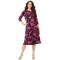 Plus Size Women's Ultrasmooth® Fabric Boatneck Swing Dress by Roaman's in Dark Berry Fan Floral (Size 14/16)