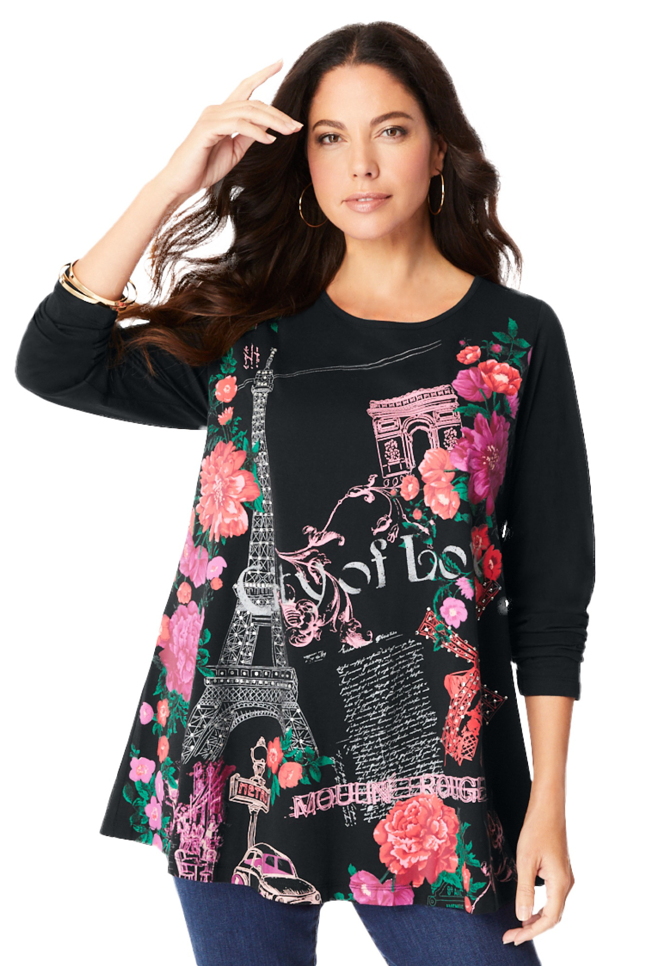 Plus Size Women's Travel Graphic Long Sleeve Tee by Roaman's in Black Paris Print (Size 12)