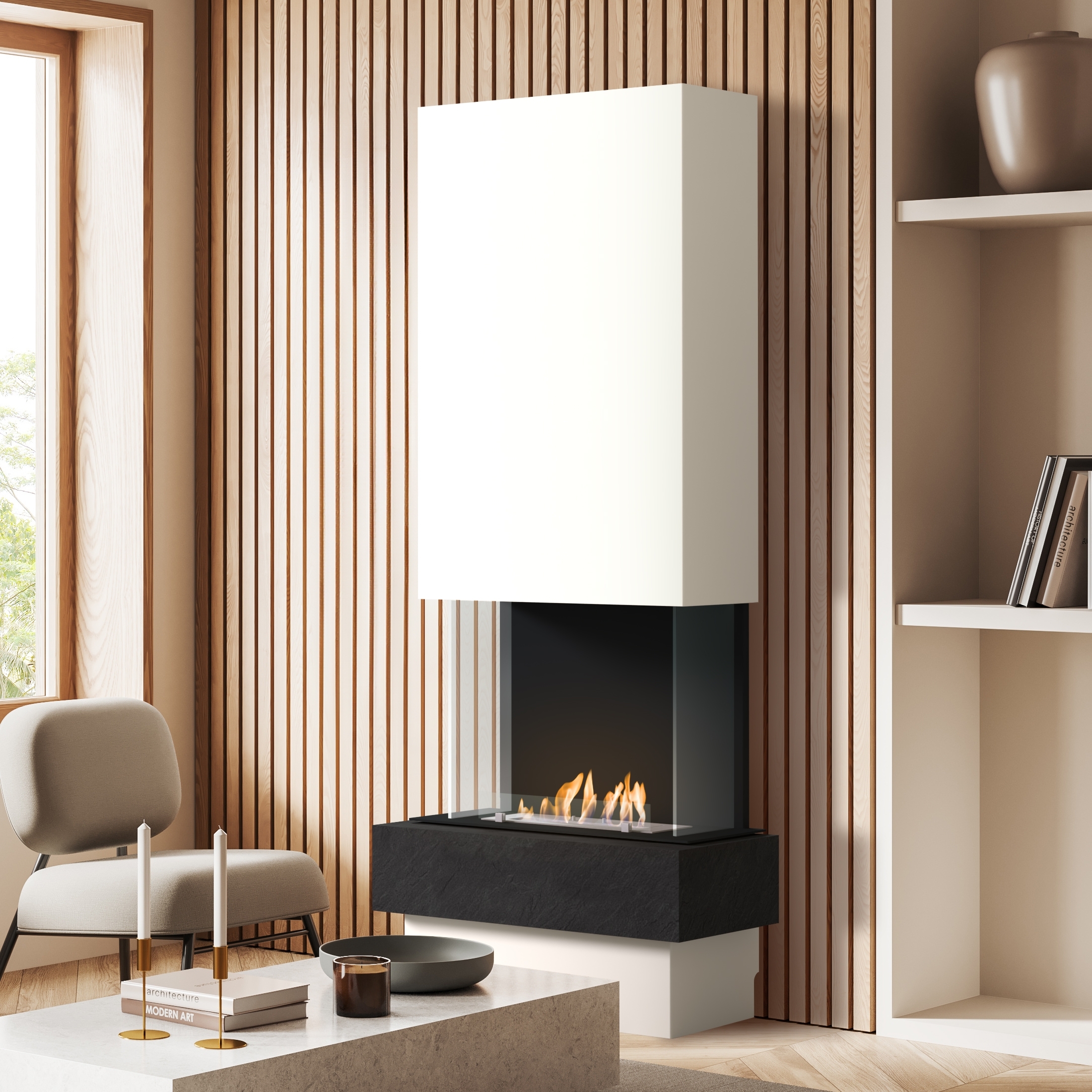 muenkel design Garda [moderner Design Ethanolkamin]: Nero (Schiefer schwarz) - safety burner 290 - Weiß