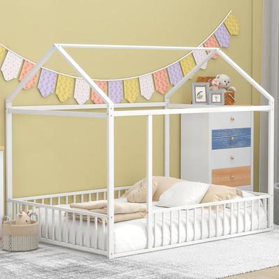 House Bed with Rails, Metal Floor Bed for Kids, Montessori Bed Frame with Roof, Twin Playhouse Beds for Boys Girl