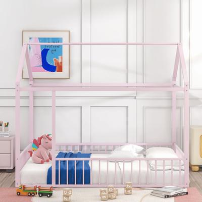 Full Size House Bed with Rails, Metal Floor Bed for Kids, Montessori Bed Frame with Roof, Twin Playhouse Bed for Boys Girl, Pink