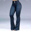 AOOCHASLIY Women Fashion Slim Solid Leisure Pocket Button Trousers Slightly Flared Pants Denim