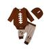 ELF Baby Boy 3 Piece Outfit Football Print Long Sleeve Rompers and Elastic Striped Pants Beanie Hat Set Fall Spring Clothes