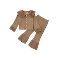 Sunisery Girls Trousers Suit Plush Stitching Rib Knit Lapel Button Closed Long-sleeved Jacket High-waist Stretch Pants Set