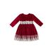 Sunisery Girls Casual Round Collar Dress Long Sleeve Lace Hem Short Skirt Dark Green/ Red