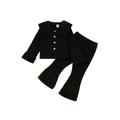 Sunisery Girls Trousers Suit Plush Stitching Rib Knit Lapel Button Closed Long-sleeved Jacket High-waist Stretch Pants Set