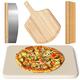 4 PCS Rectangle Pizza Stone Set, 15" Large Pizza Stone for Oven and Grill with Pizza Peel(Oak), Pizza Cutter & 10pcs Cooking Paper for Free, Baking Stone for Pizza, Bread,BBQ