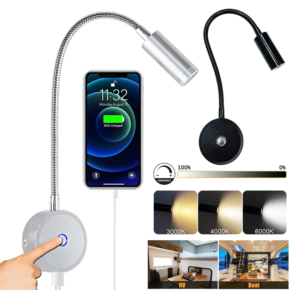 12–24 V LED-Strahler, Wohnmobil-Leseleuchten, flexibler Schwanenhals, 3-farbig, dimmbar, für Wohnmobile, Innenbereich, LED-Beleuchtung, Van, Boot, Lampe, Wandleuchte