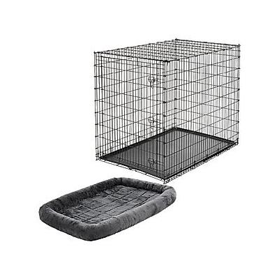 Frisco Heavy Duty Single Door Wire Dog Crate, XX-Large + MidWest Quiet Time Fleece Dog Crate Mat, Gray, 54-in