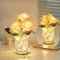 Haykey Rose Table Lamp Dimmable Flower Lamp Battery Operated Rose Table Lamp Artificial Flower Lamp With Glass Vase Small Lamp For Bedroom Bedroom