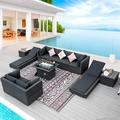 NICESOULÂ® Large Rattan Patio Furniture Set with Fire Pit Table Plastic Wicker Chaise Lounge Chairs Sets Grey Outdoor Sectional with Firepit 8 Seater Modern Conversation Sets for 8 Person for Pool