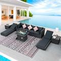NICESOULÂ® 9 Piece Patio Sectional Wicker Rattan Outdoor Furniture Sofa Set with Fire Pit Table Large Sofa Set with Chaise Lounge Chair Conversation Sets with Propane Fire Pit for Pool