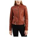 Zpanxa Womens Leather Jacket Slim Stand Collar Zip Motorcycle Suit Belt Coat Fall and Winter Fashion Short Jacket Tops Brown XL