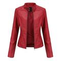 Zpanxa Winter Jackets for Women Slim Leather Jackets Stand-Up Collar Zipper Motorcycle Biker Coat Stitching Solid Color Coat Outwear Red XXL