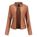 Zpanxa Winter Jackets for Women Slim Leather Jackets Stand-Up Collar Zipper Motorcycle Biker Coat Stitching Solid Color Coat Outwear Brown L