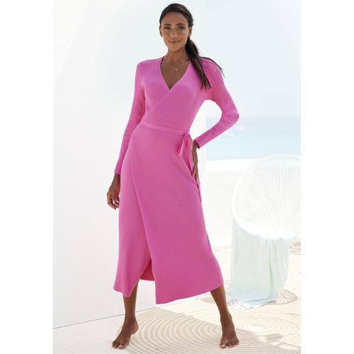 Strickkleid LASCANA Gr. 44/46, N-Gr, pink Damen Kleider Loungekleid zum wickeln mit Taillengürtel, Loungewear