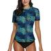 BesserBay Women Sun Protection Rashguard Shirts Tropical Leaves Short Sleeve Surf UV SPF Swim Tops Surf Shirts L