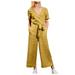 RQYYD Jumpsuits for Women Women s 2023 Summer Jumpsuit Casual Short Sleeve Wrap V Neck Belted Wide Leg Pants Rompers