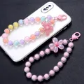 Colorful Round Mobile Phone Chain Lanyard Flowers Beads Sweet Cellphone Chains keychain Women