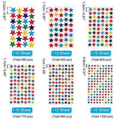 4360 Pcs Star Reward Stickers, 6 Sizes 60 Sheet Colorful Sticker, Multicolor