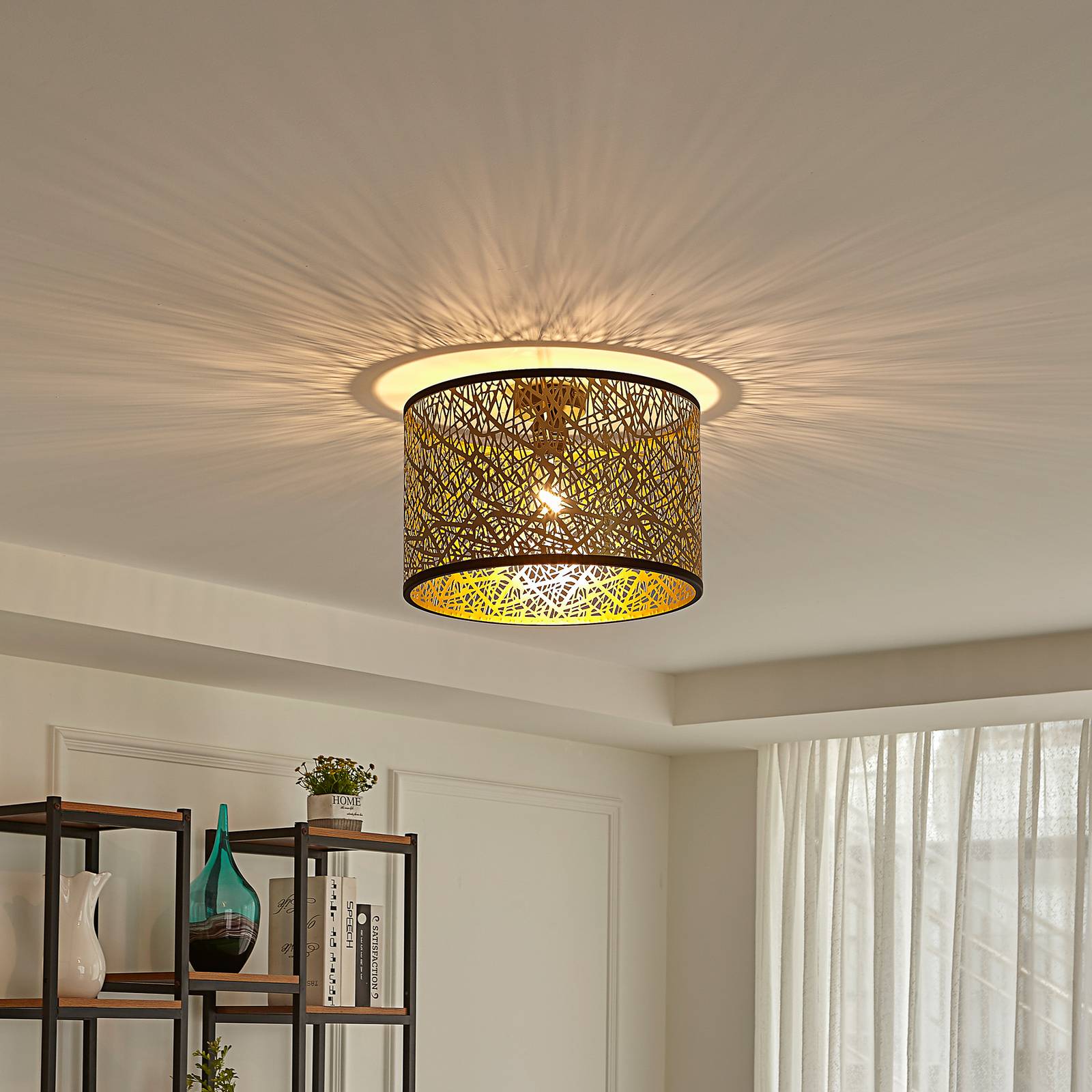 Deckenlampe Yonah Lindby, dimmbar, messing / gold, für Wohn- / Esszimmer, Textil / Stoff / Seide, Landhaus / Rustikal, Deckenlampe