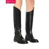 QUTAA 2023 Ins Marke Frauen Aus Echtem Leder Knie Hohe Stiefel Niedrigen Ferse Motorrad Warme Lange Stiefel Frau Schuhe Schwarz Größe 34-42