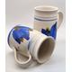 Studio pottery blue flower mugs cups tankard (set of 2), white beige blue abstract flower design, hand thrown pottery mugs