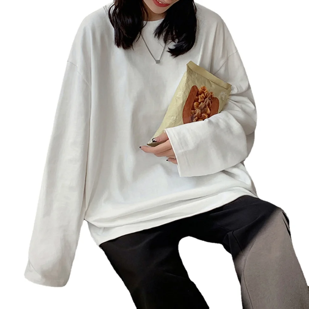 Coton printemps nouveau T-Shirt à manches longues femmes basique T-Shirt surdimensionné T-Shirt femmes décontracté col rond femmes T-Shirt taille américaine