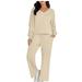 Jalioing Tracksuit Suits for Women Long Sleeve V-Neck Tops Elastic Drawstring Rise Straight Leg Trouser Basic Sets (X-Large Khaki)