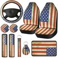 10 Pieces American Flag Car Seat Covers Accessories Set American Flag Steering Wheel Cover Armrest Pads Car Cup Holders Independence Day Car Decoration Keychain Wrist Strap for Car SUV Truck