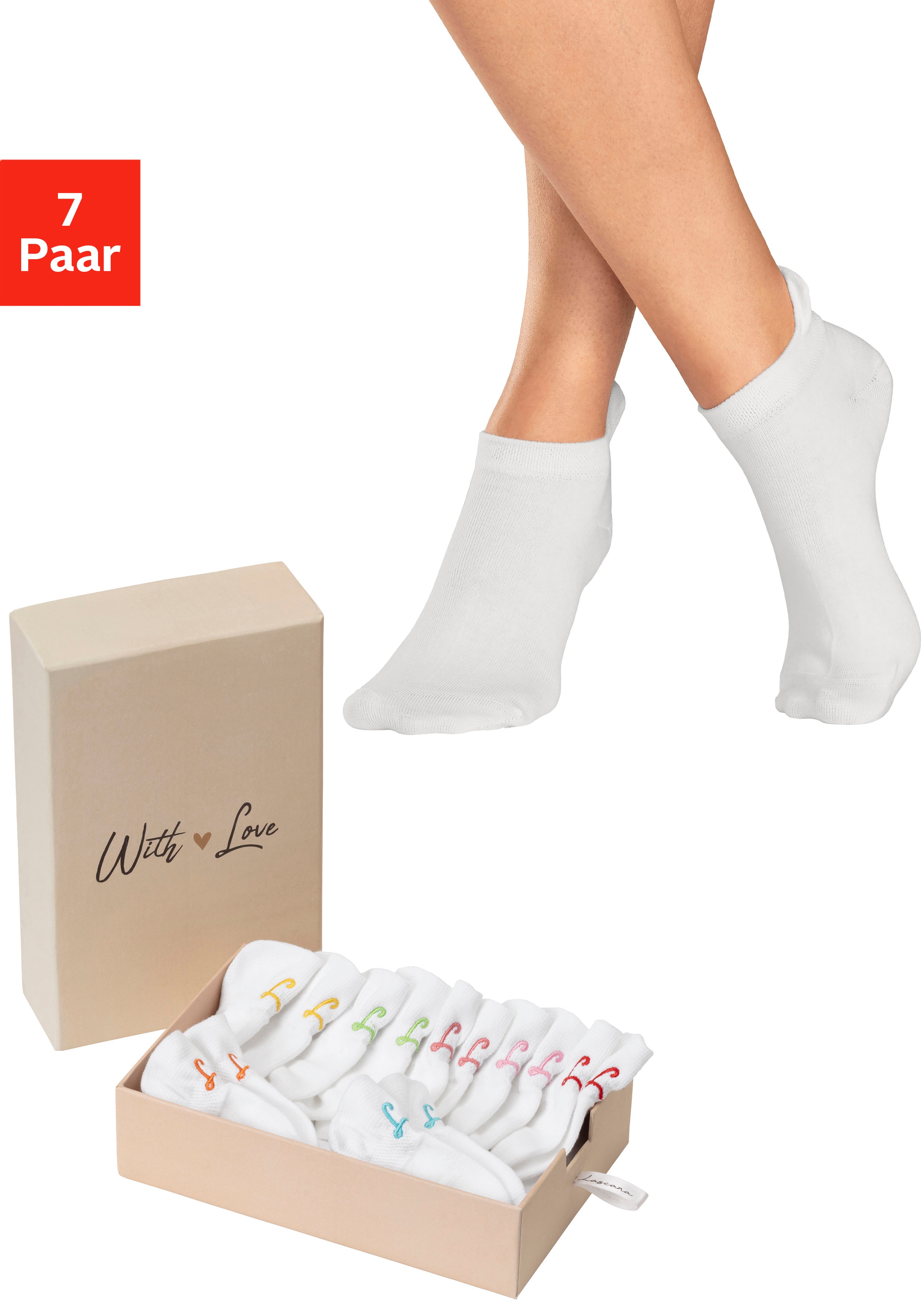 Sneakersocken LASCANA, Damen, Gr. 39-42, weiß (7x weiß), Baumwollmischung, unifarben, elastisch, Socken, mit kleiner Stickerei Image