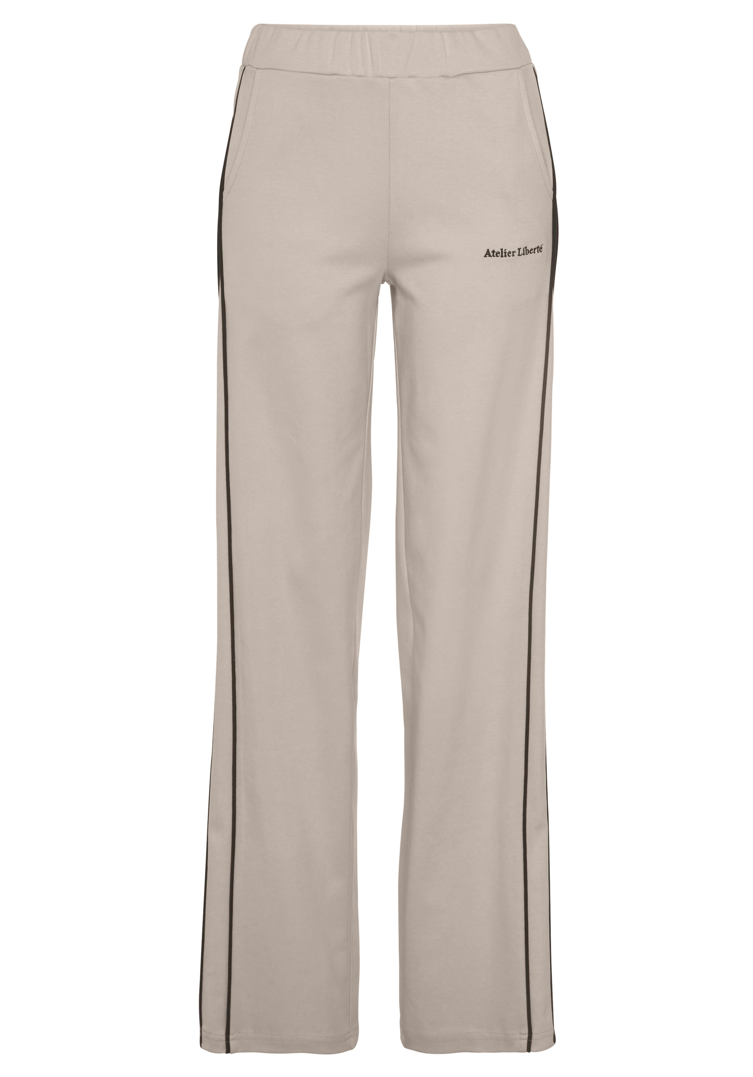 Loungehose LASCANA, Damen, Gr. 44/46, N-Gr, beige (sand), Sweatware, Obermaterial: 100% Baumwolle, bestickt, unifarben, bequem lang, Hosen Loungehose, Loungeanzug Image
