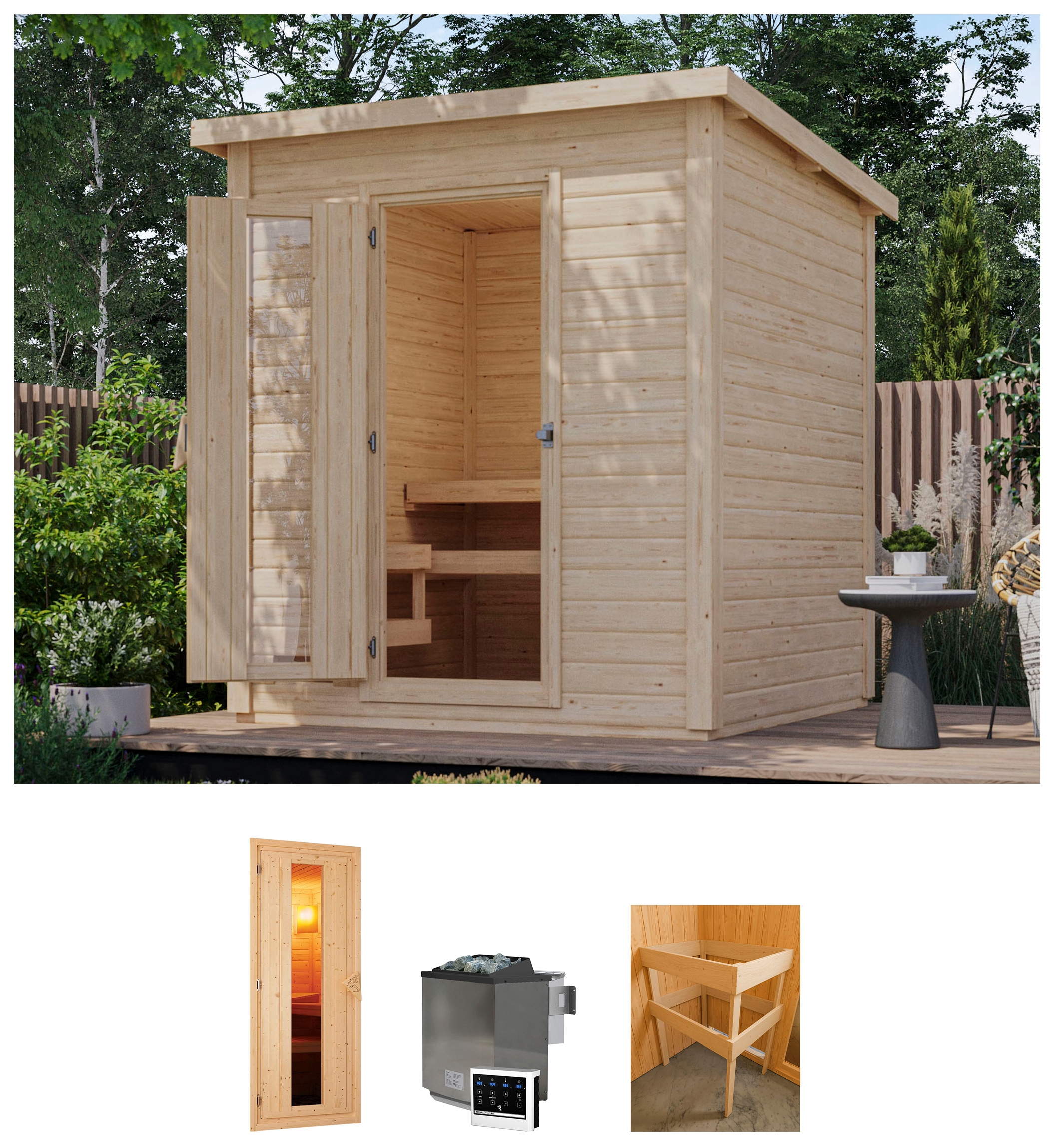 Saunahaus KARIBU "Talo 2", beige (naturbelassen), Bio-Kombiofen, externe Steuerung, 9 kW, Saunen, Bio Ofen 9 kW, externe Steuerung Image