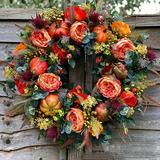 Sarzi 17.7in Fall Peony and Pumpkin Wreath - Year Round Wreath Artificial Fall Wreath Autumn Front Door Wreath Thanksgiving Wreath for Home Farmhouse Decor and Festival Celebration