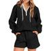 Jalioing Matching Loungewear Outfits for Women Drawstring Half Zip Tracksuit High Waist Shorts Solid Color Sweatshirt (X-Large Black)