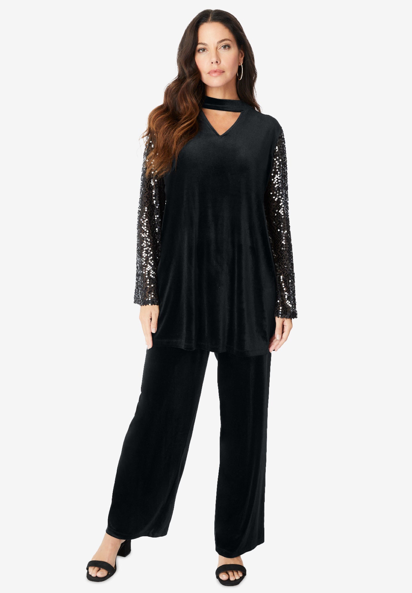 Plus Size Women's Keyhole Velour Pant Set. by Roaman's in Black (Size 34/36)
