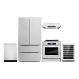 Cosmo 5 Piece Kitchen Appliance Packages with 30 Freestanding Electric Range 30 Under Cabinet Range Hood 24 Built-in Integrated Dishwasher French Door Refrigerator & 48 Bottle Wine Refrigerator
