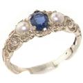 Ladies Solid 925 Sterling Silver Natural Sapphire & Pearl Victorian Trilogy Ring - Size Y 1/2