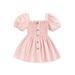 Nituyy Little Girlâ€™s Puff Short Sleeve Dress Solid Color Square Collar Button A-line Dress