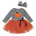 Toddler Kids Baby Girls Pumpkin Striped Embroidery Outfits Dress+Headbands Set 3-4T