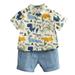 Baby Boy Summer Outfit Dinosaur Printed Short Sleeve Stand Collar Button T-Shirt Top and Shorts 2Pcs Clothes Set
