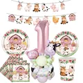 1Set Pink Farm Animal Disposable Tableware With Carton Animal Balloons for Girl's Farm Animal Themed